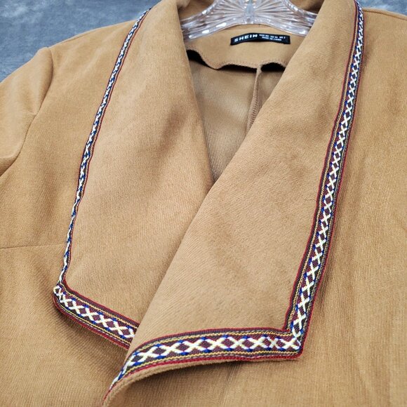Faux Suede Camel Cardigan Wrap Jacket Western Boho Open Front Embroider Trim XS - Picture 5 of 10